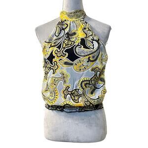 Do & Be Women’s Blouse Paisley Cropped Smocked Waist Tie Neck Y2k Party 70s